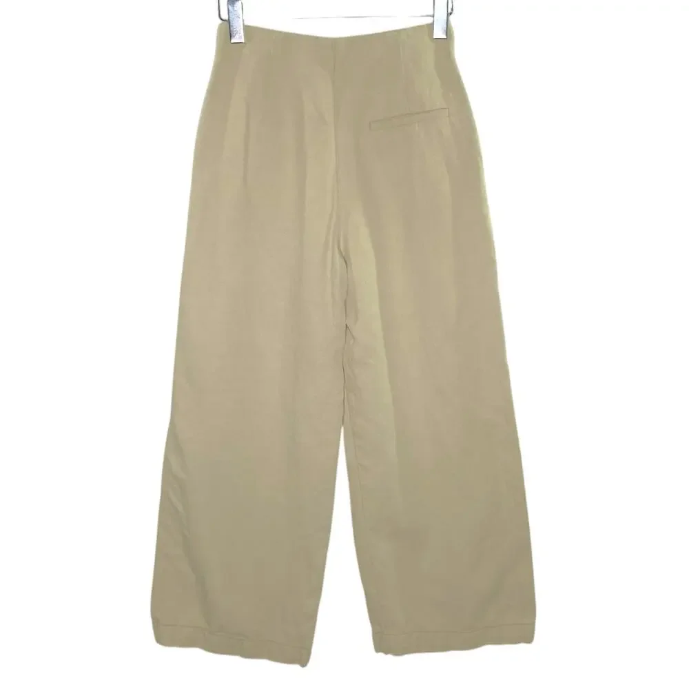 Zara M Womens Tan Wide Leg Pants Linen Cotton High Rise Normcore Pleated